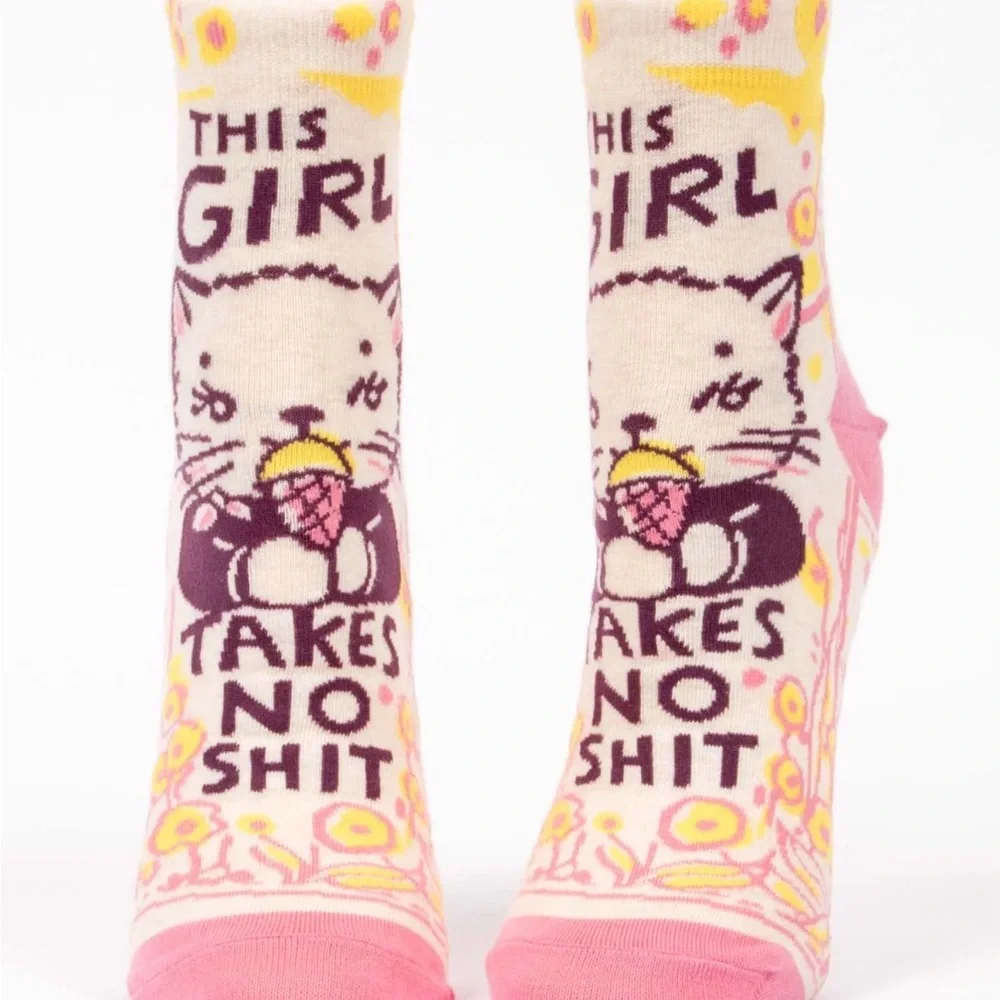 NWT Blue Q Pink & Purple Cat Novelty Ankle Socks - This Girl Takes No Shit
